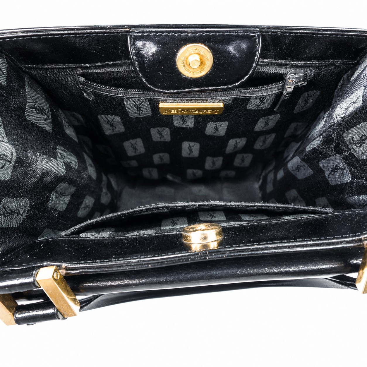 Vintage Yves Saint Laurent Black Leather Top-Handle Satchel, Kelly-Style with Gold-Tone YSL Hardware