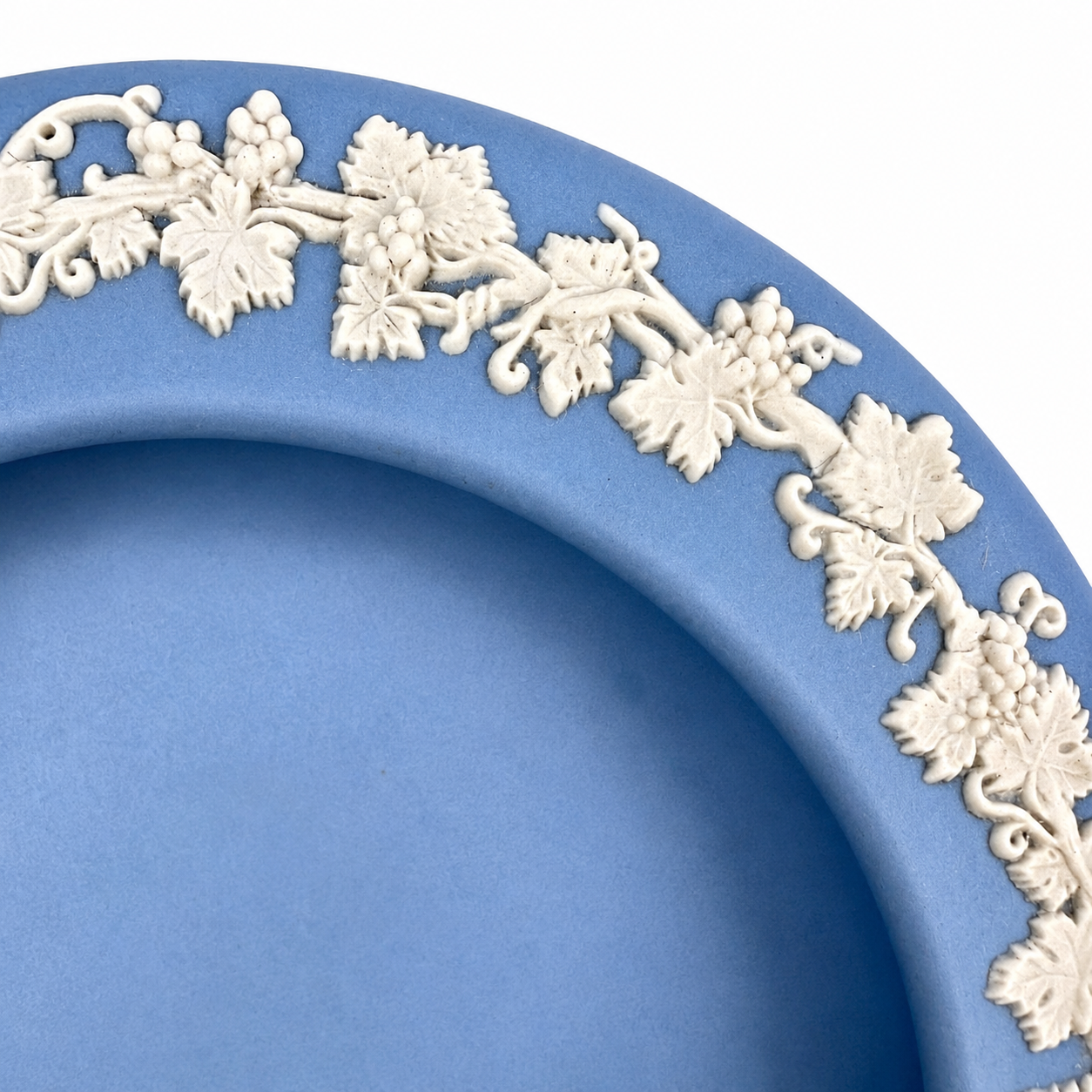 Wedgwood Blue Jasperware Dish, White Grapevine Relief Border, Made in England, c. 1959