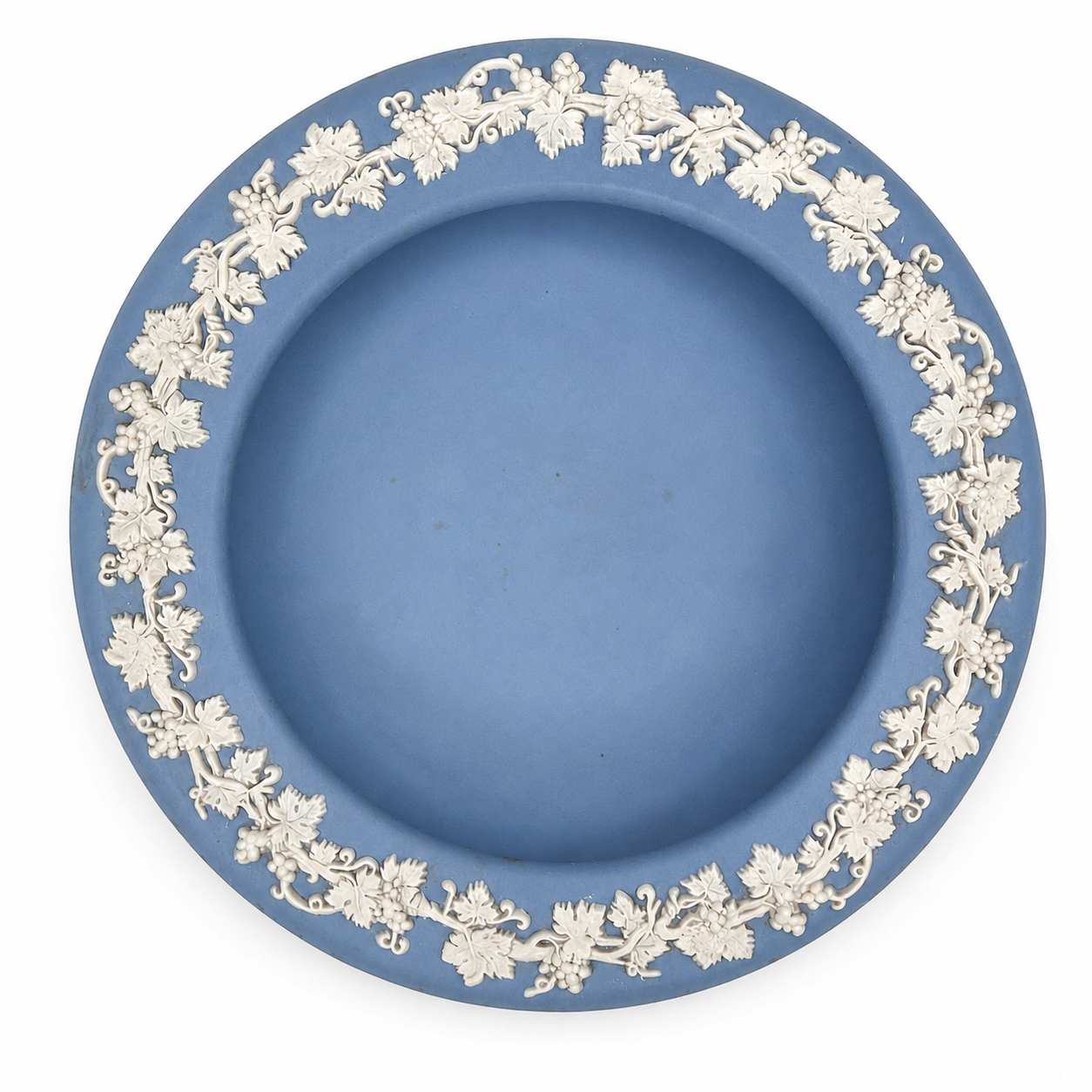 Wedgwood Blue Jasperware Dish, White Grapevine Relief Border, Made in England, c. 1959