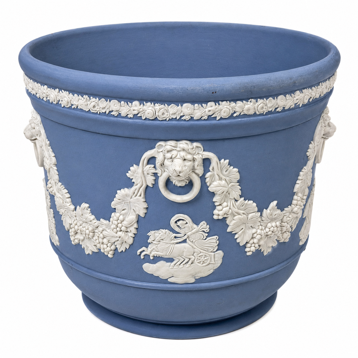 Wedgwood Blue Jasperware Jardinière Cachepot, Lion-Mask Handles & Grapevine Festoons, Neoclassical Figures, Made in England
