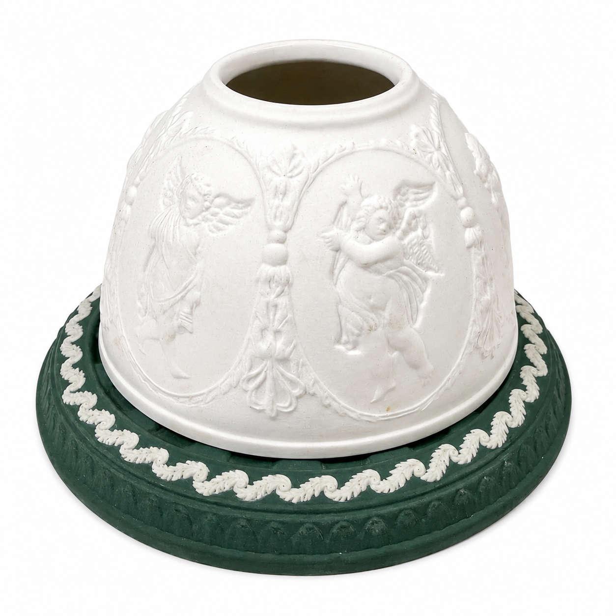 Wedgwood Fairy Lamp Tealight Holder, Cherub Lithophane Shade on Spruce-Green Jasperware Base, Made in England