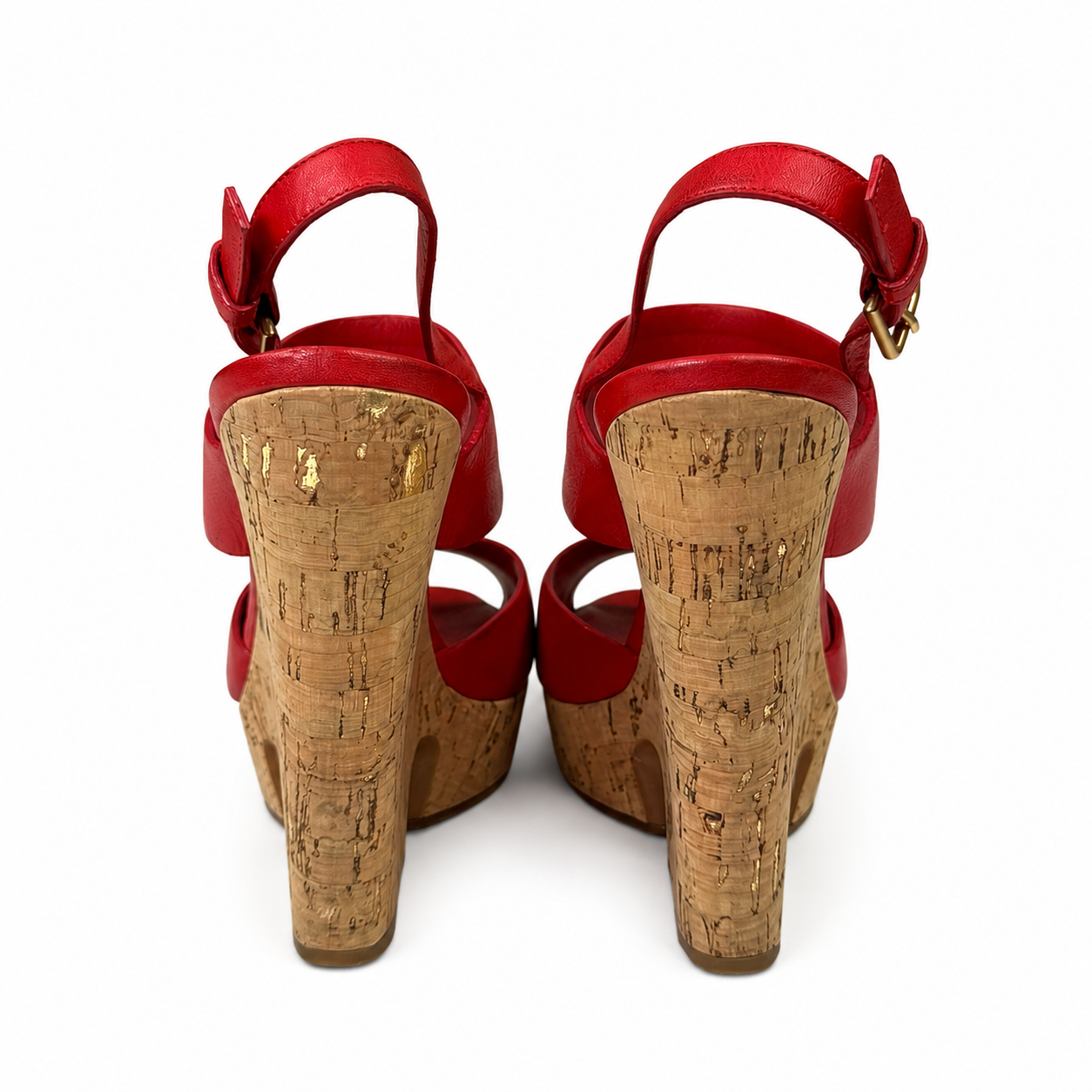 Yves Saint Laurent Red Leather Cork Wedge Sandals, Ankle Strap, Size 38.5 (EU)