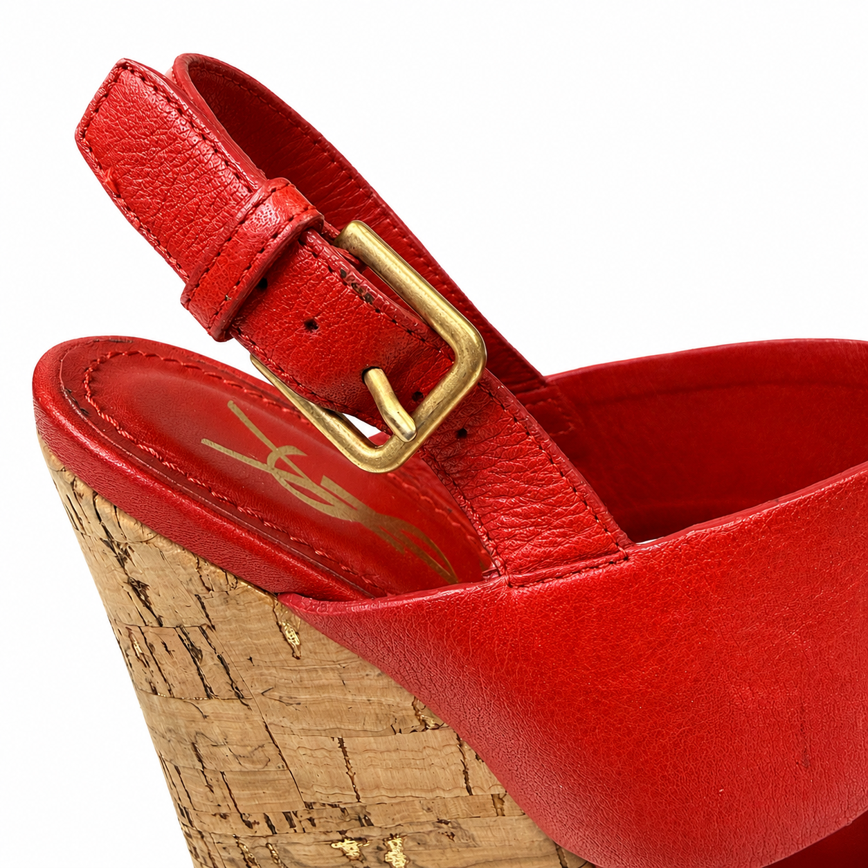 Yves Saint Laurent Red Leather Cork Wedge Sandals, Ankle Strap, Size 38.5 (EU)