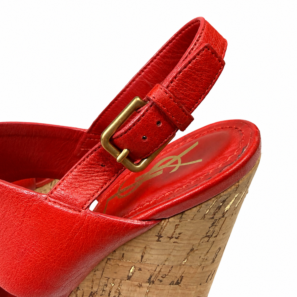 Yves Saint Laurent Red Leather Cork Wedge Sandals, Ankle Strap, Size 38.5 (EU)