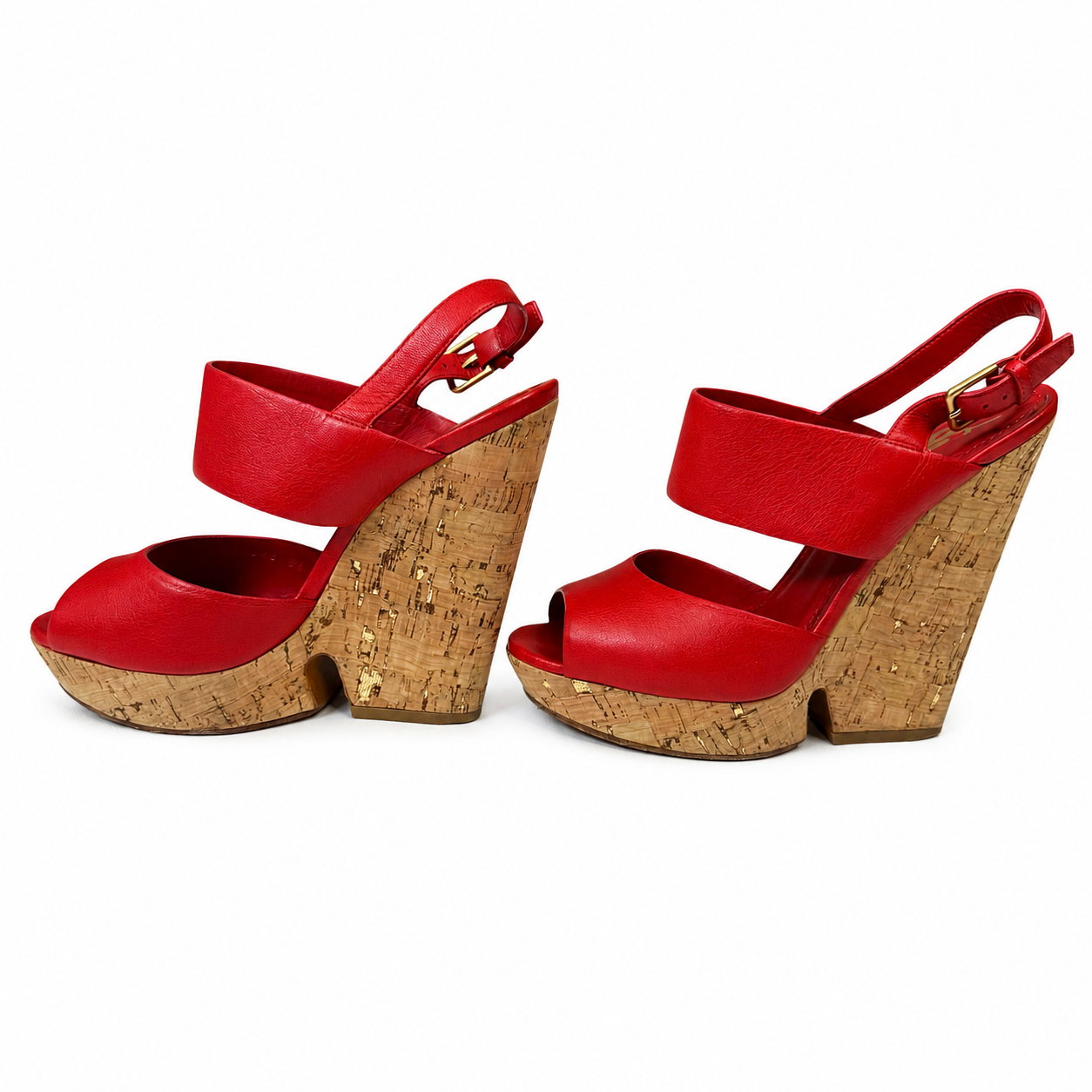 Yves Saint Laurent Red Leather Cork Wedge Sandals, Ankle Strap, Size 38.5 (EU)