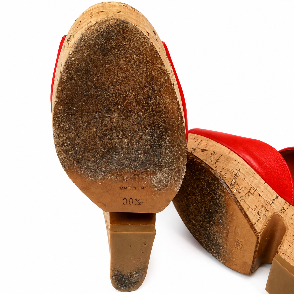Yves Saint Laurent Red Leather Cork Wedge Sandals, Ankle Strap, Size 38.5 (EU)