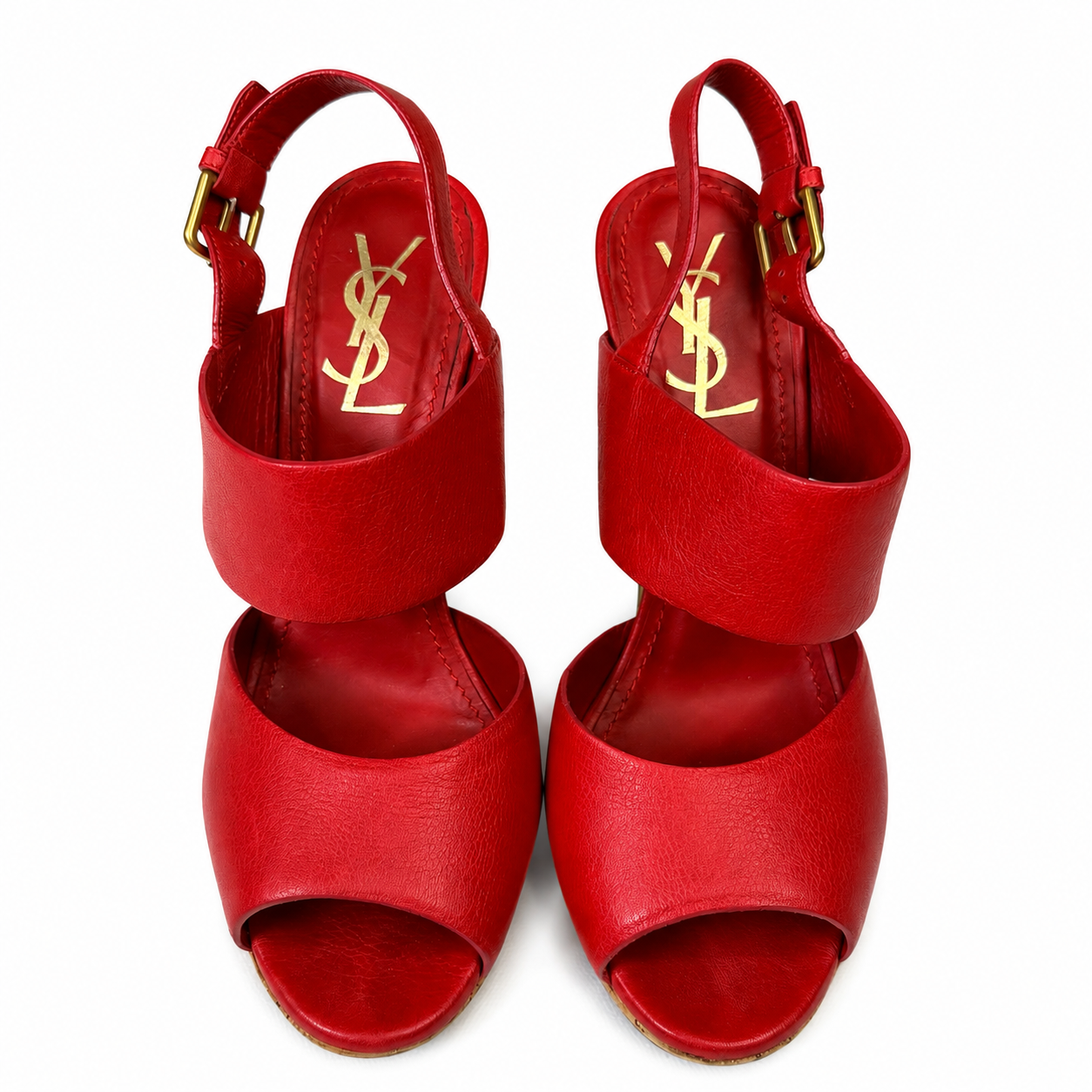 Yves Saint Laurent Red Leather Cork Wedge Sandals, Ankle Strap, Size 38.5 (EU)