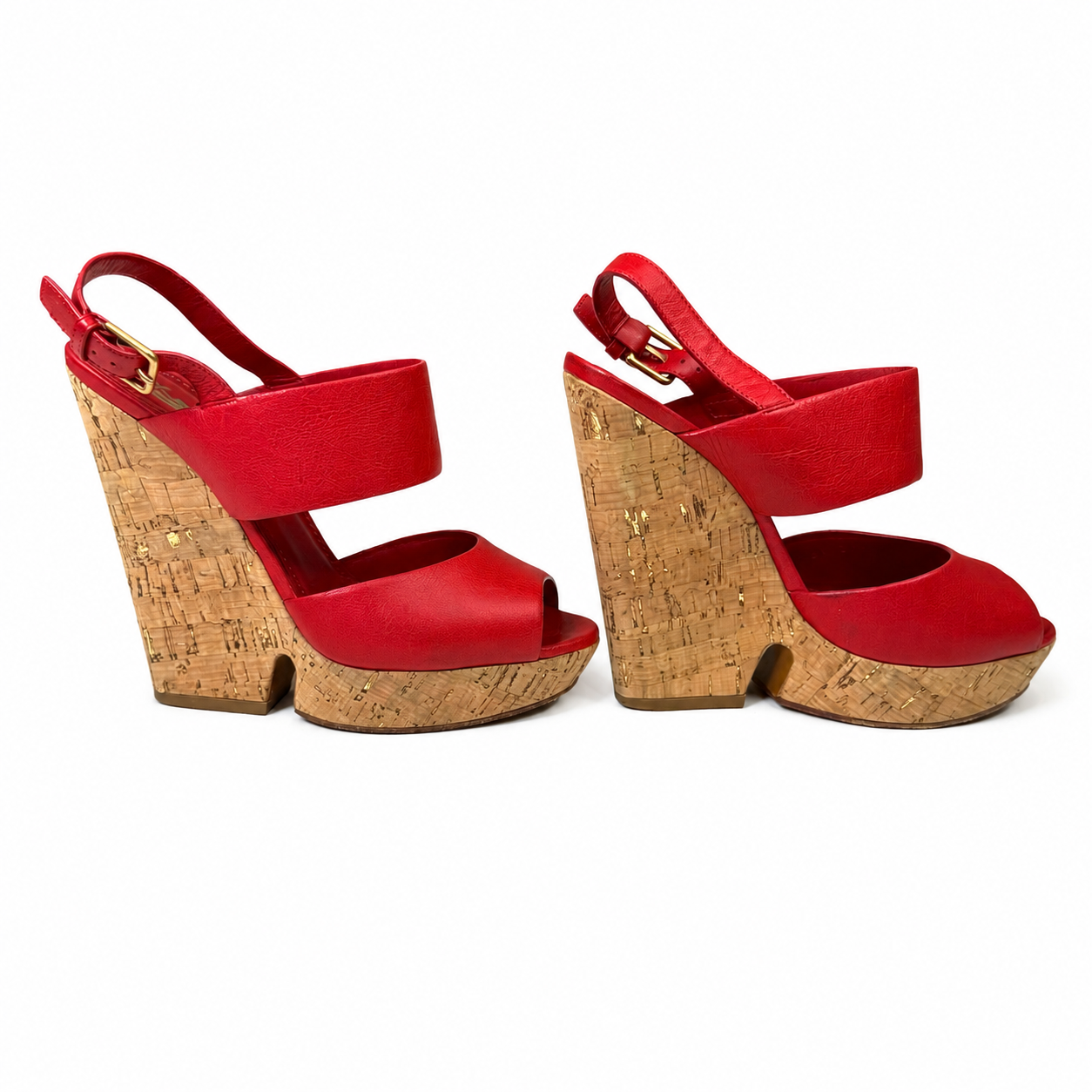 Yves Saint Laurent Red Leather Cork Wedge Sandals, Ankle Strap, Size 38.5 (EU)