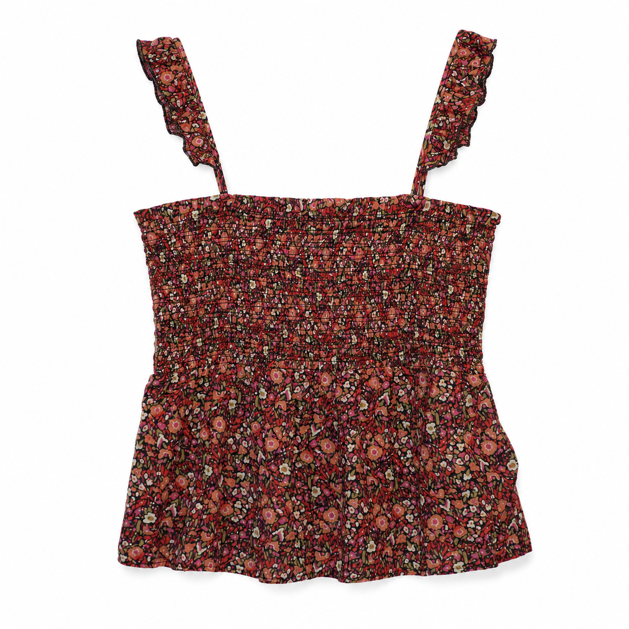 ba&sh Sweety Smocked Floral Ruffle-Strap Cami Top, Noir, Size L (ba&sh 3), NWT